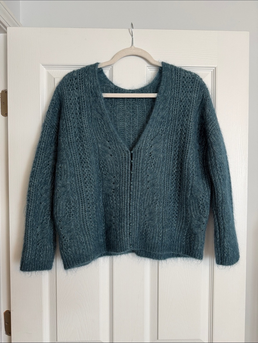 Sezane Teal Cable-Knit Mohair Blend V-Neck Cardigan